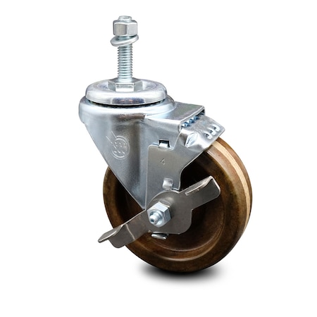 Service Caster 4 Inch High Temp Phenolic Wheel Swivel 3/8 Inch Threaded Stem Caster with Brake SCC-TS20S414-PHRHT-TLB-381615